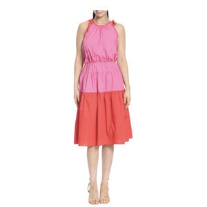 London Times Crew Neck Two-tone Tiered Dress In Pink